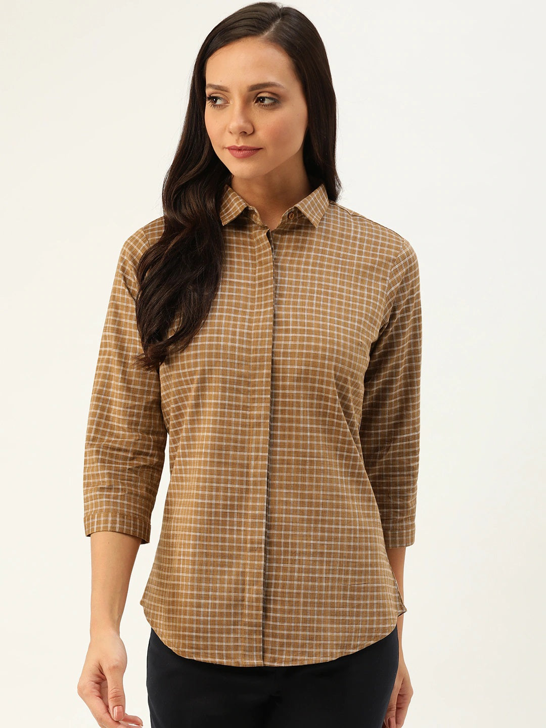 Women Mustard Checks Linen Cotton Slim Fit Formal Shirt
