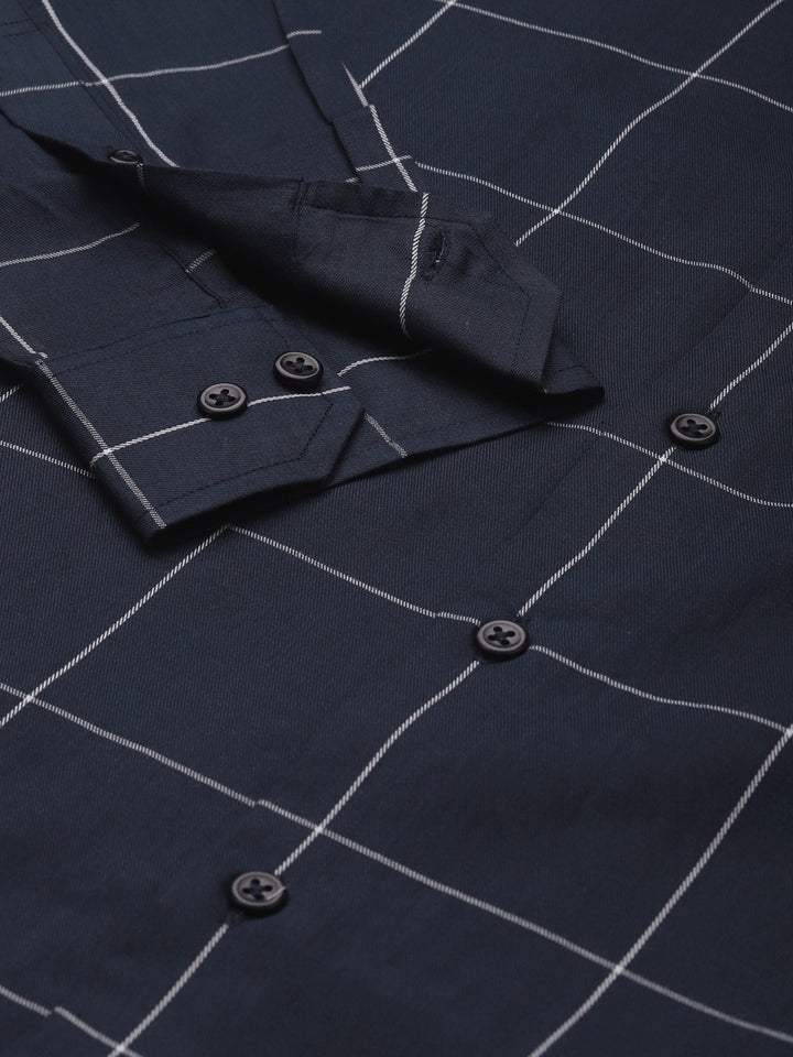 Men Navy Blue Checks Pure Cotton Slim Fit Formal Shirt