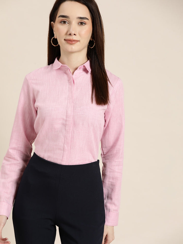 Women Pink Solid Linen Cotton Slim Fit Formal Shirt