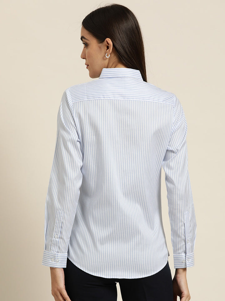 Women White & Blue Striped Cotton Slim Fit Formal Shirt