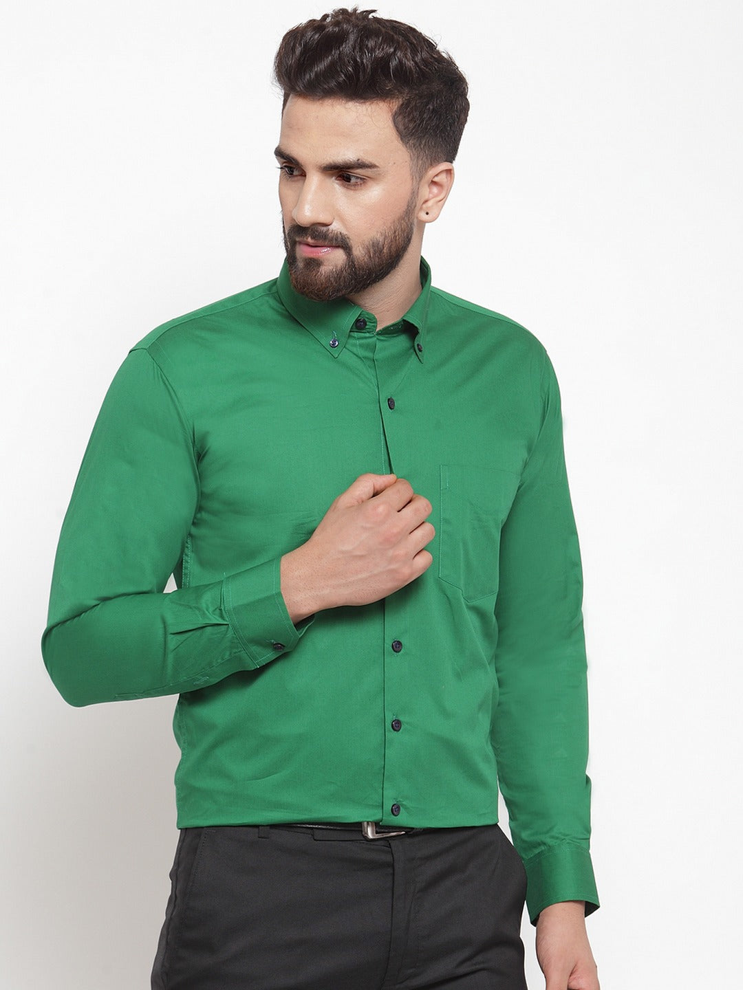 Men Forest Green Solids Pure Cotton Slim Fit Formal Shirt