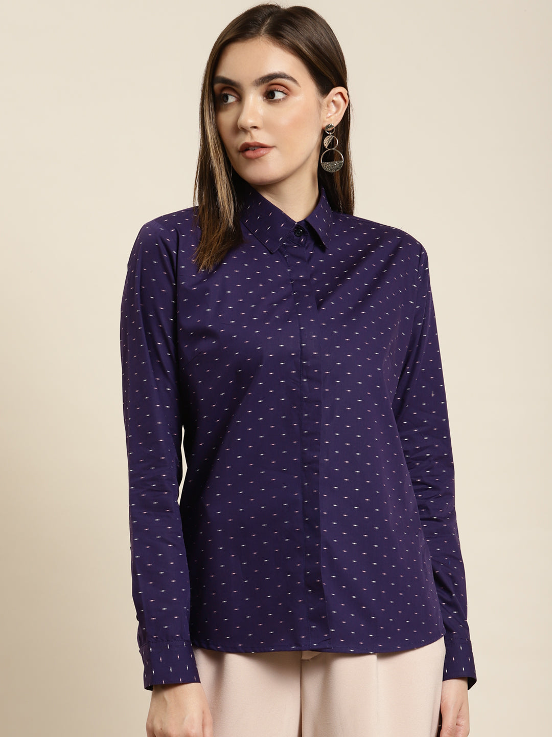 Women Purple Solid Pure Cotton Regular Fit Formal Shirt