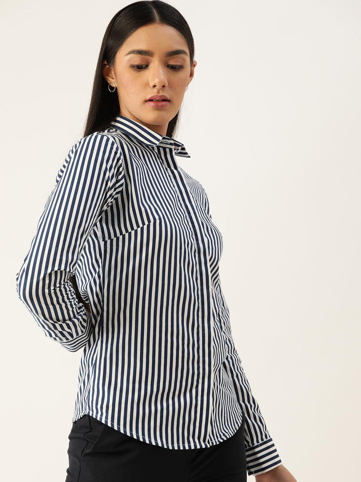 Women White & Navy Stripes Pure Cotton Slim Fit Formal Shirt