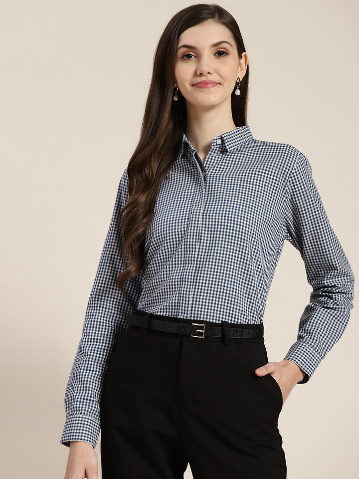 Women Navy & White Checked Pure Cotton Regular Fit Formal Shirt