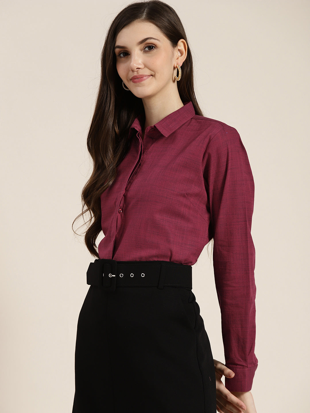 Women Maroon Solid Pure Cotton Regular Fit Formal Shirt
