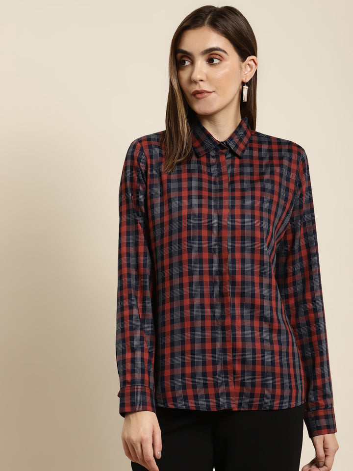Women Navy & Red Checked Pure Cotton Regular Fit Formal Shirt