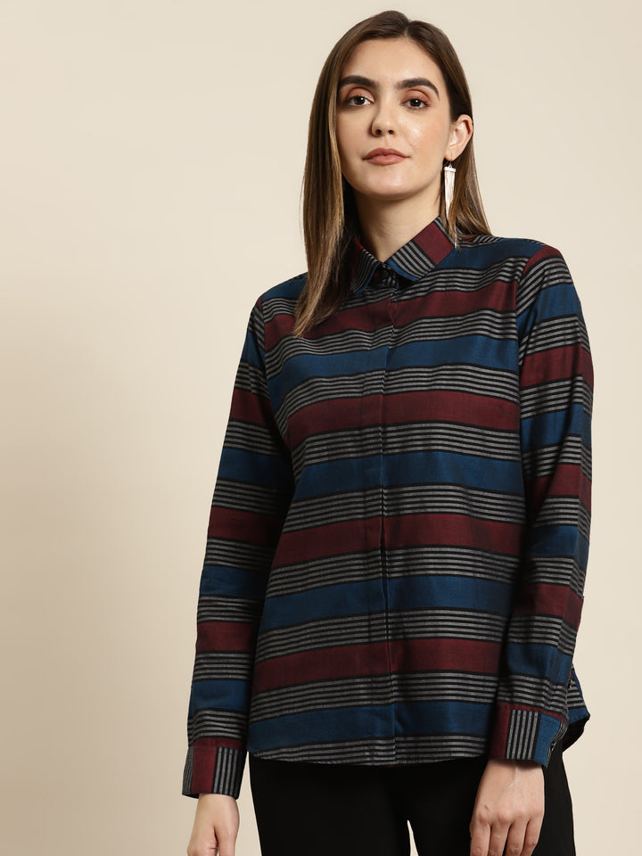 Women Maroon & Black Checked Pure Cotton Regular Fit Formal Shirt