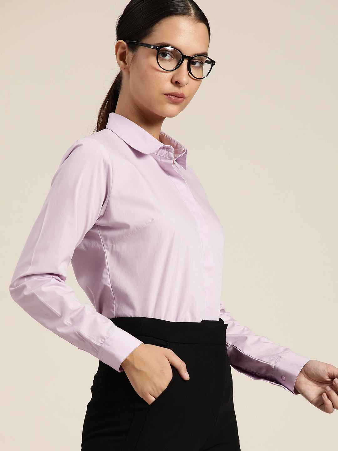 Women Lavender Solid Pure Cotton Regular Fit Formal Shirt