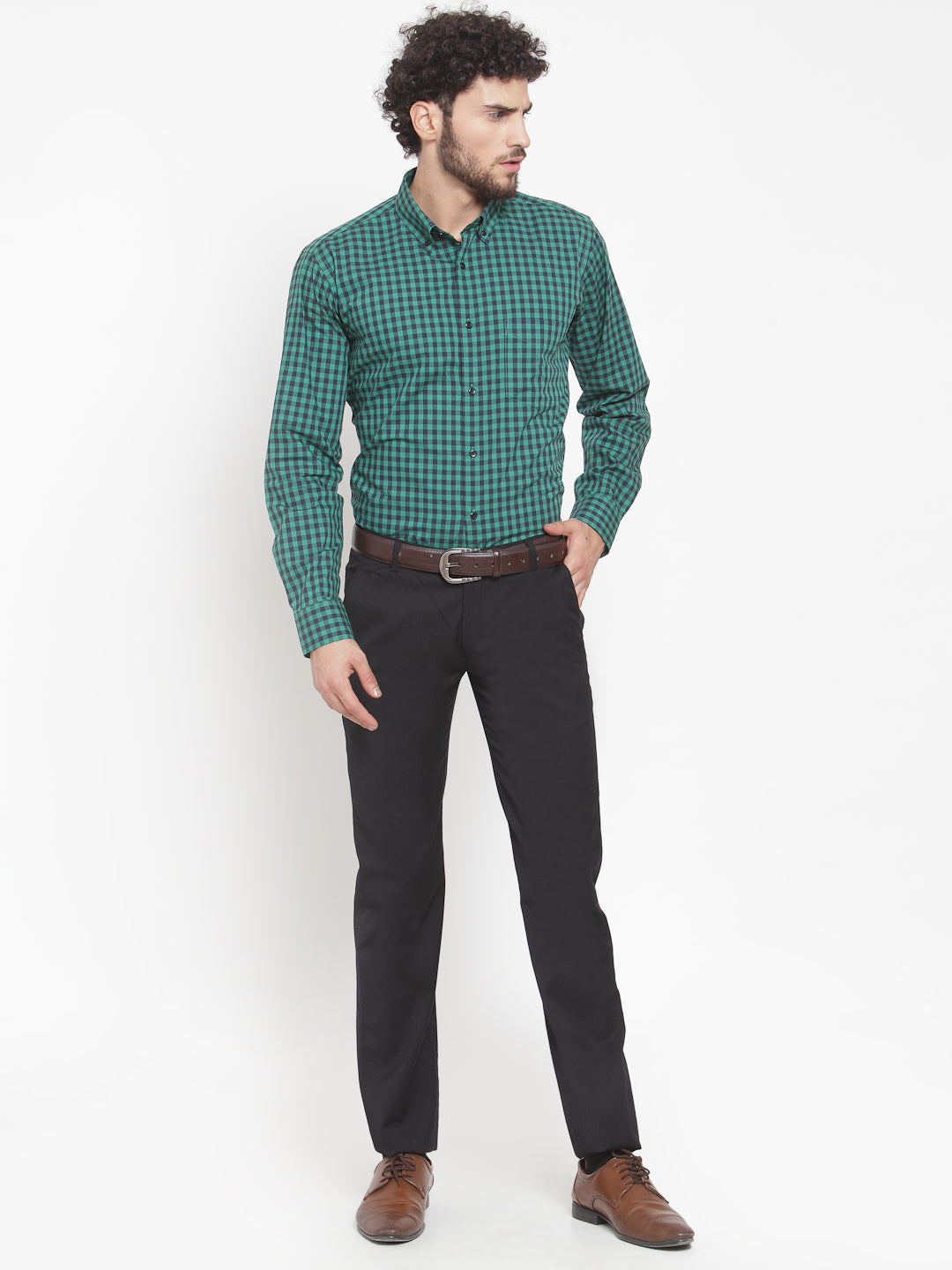 Men Green Pure Cotton Checked Button Down Collar Slim Fit Formal Shirt