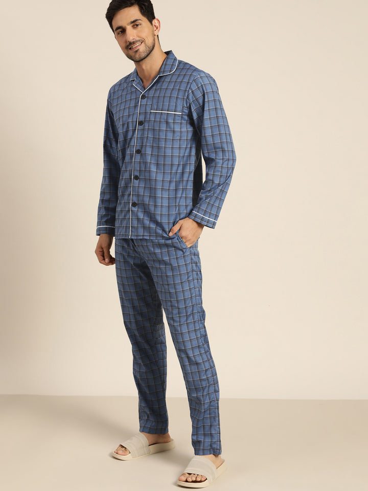 Men Blue Checked Cotton Rich Regular Fit Night Wear Night Suit
