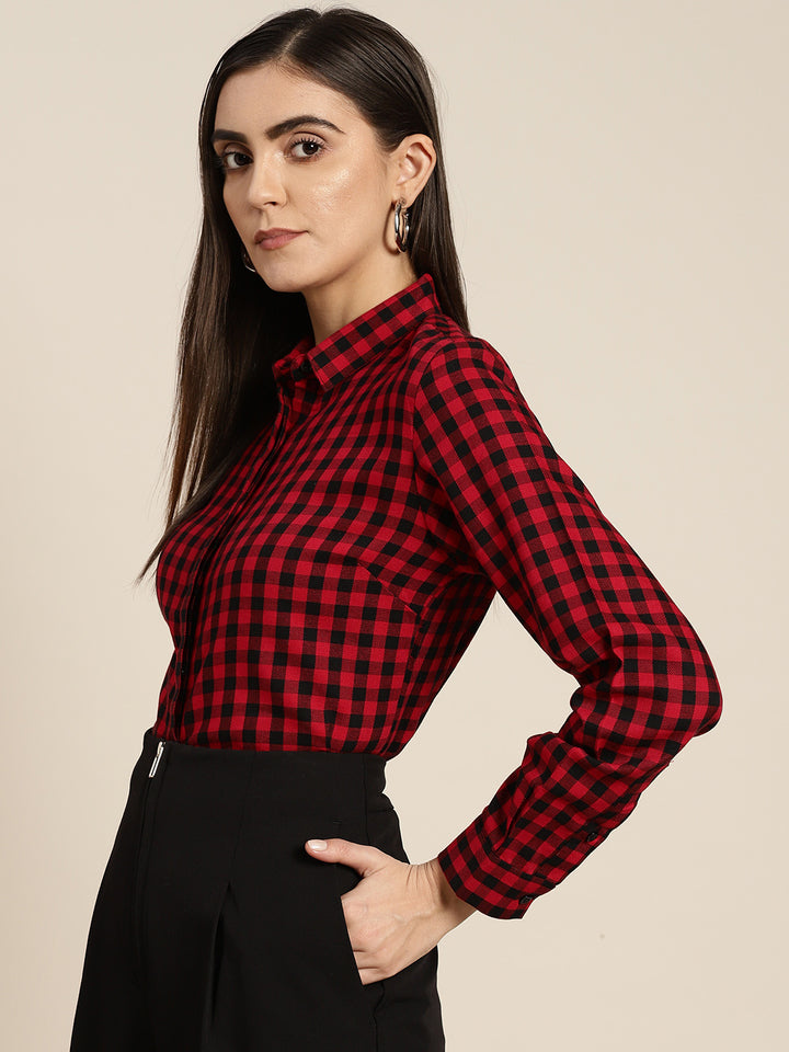 Women Red & Black Checks Pure Cotton Slim Fit Formal Shirt