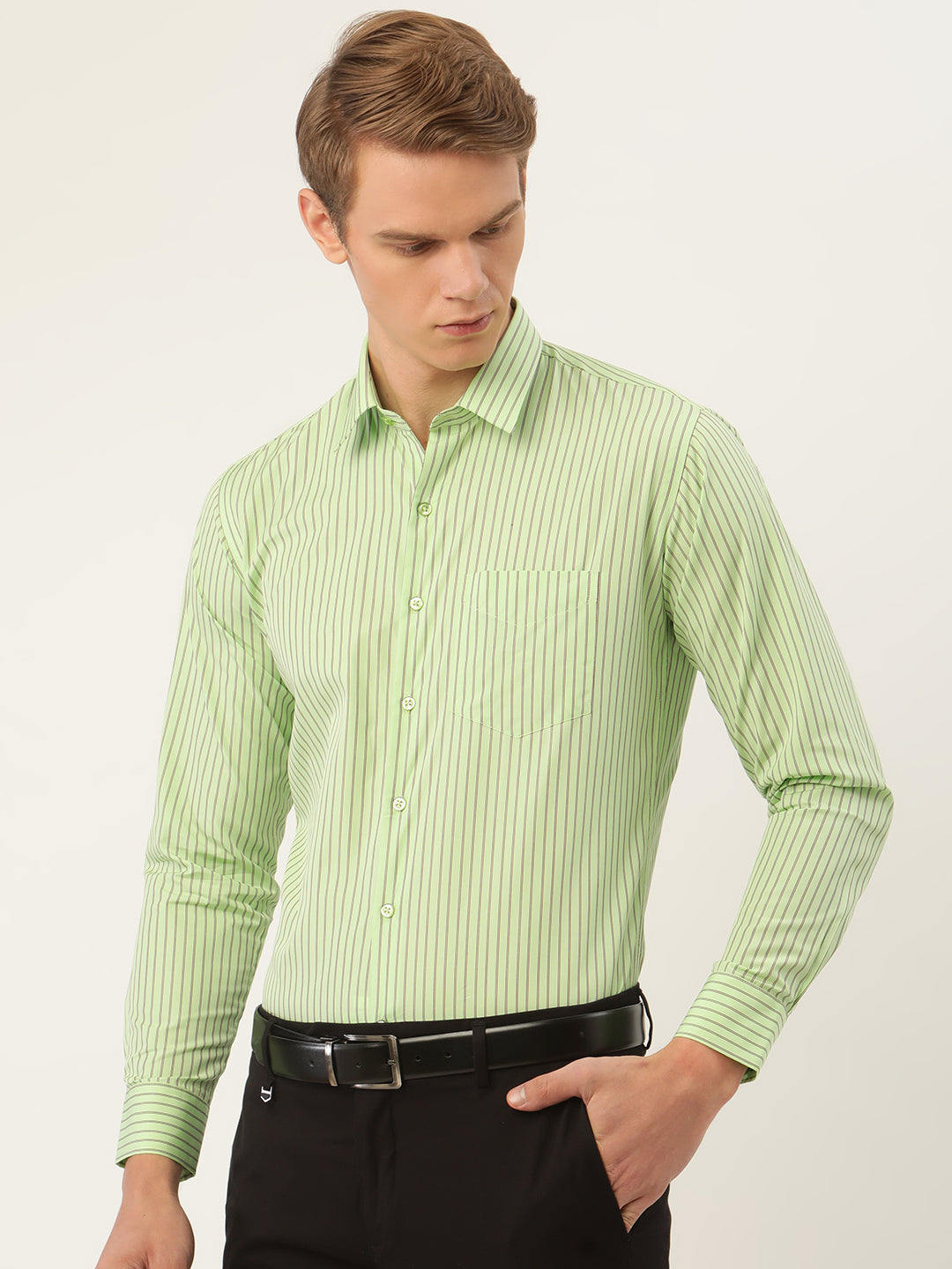 Men Green Stripes Pure Cotton Slim Fit Formal Shirt
