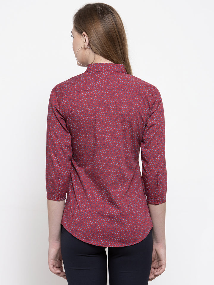 Women Red Pure Cotton Printed Slim Fit Formal Shirt