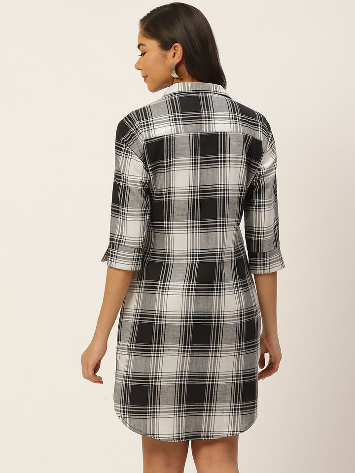 Women Black & White Checks Pure Cotton Regular Fit Formal Dress