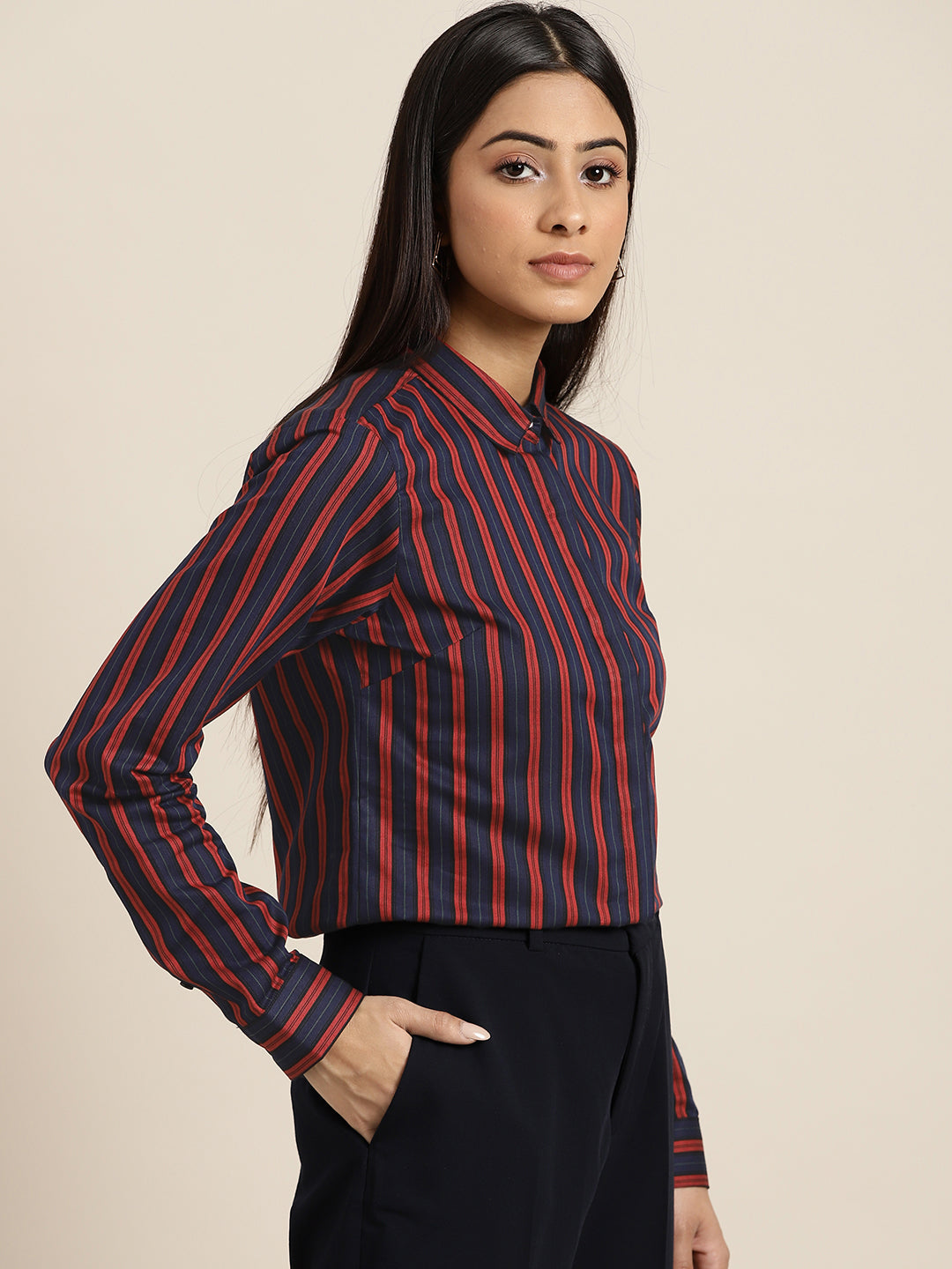 Women Navy & Red Stripes Pure Cotton Slim Fit Formal Shirt