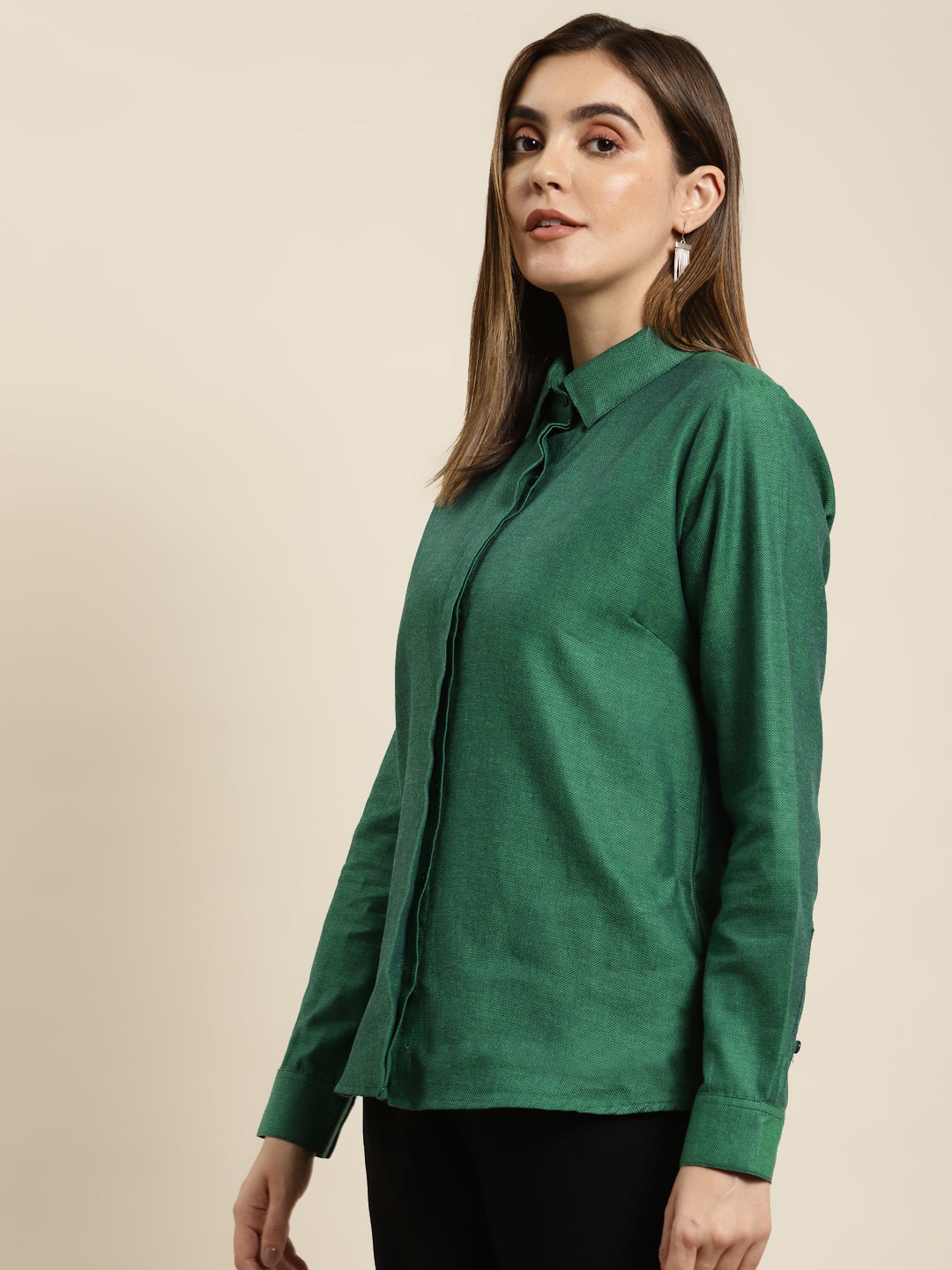 Women Green Solid Pure Cotton Regular Fit Formal Shirt