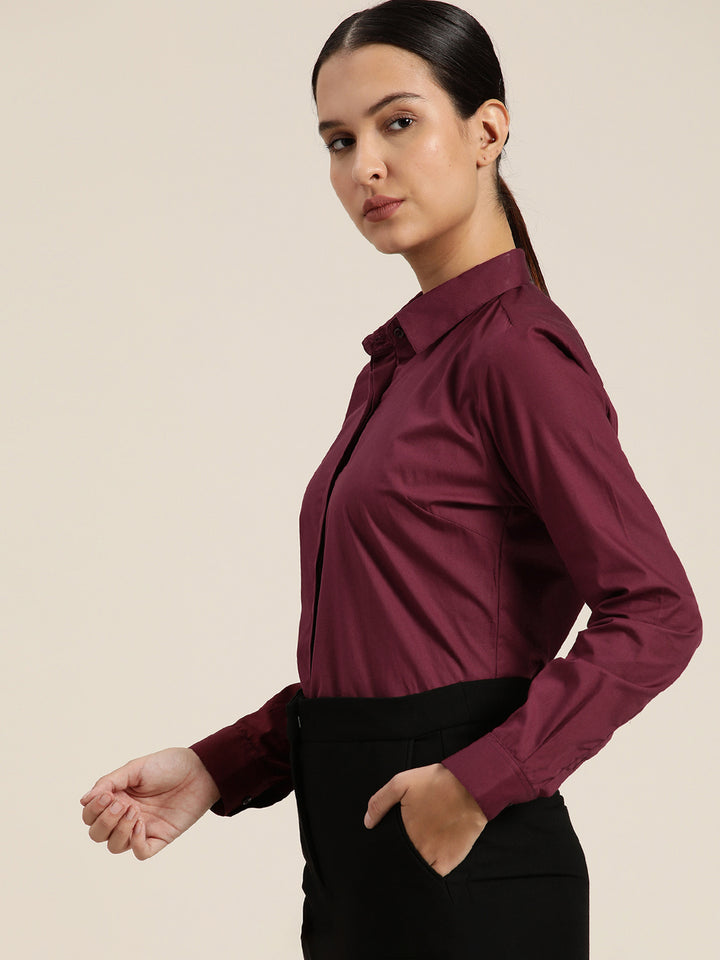 Women Wine Solid Pure Cotton Regular Fit Formal Shirt