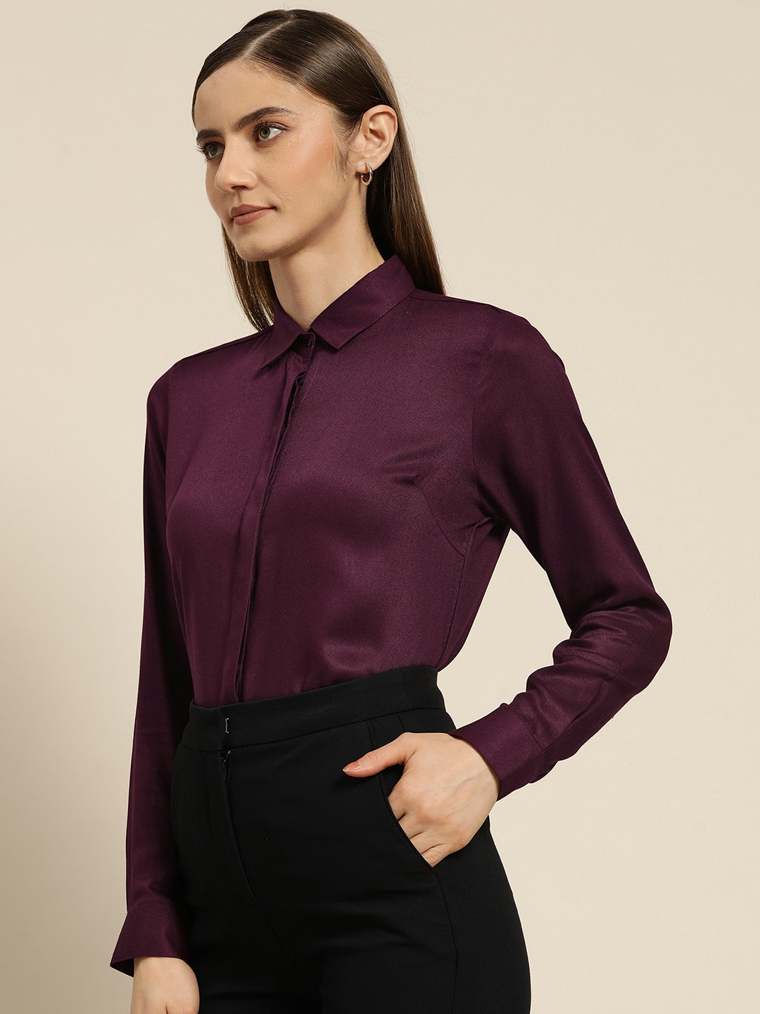 Women Maroon Solid Viscose Rayon Regular Fit Formal Shirt