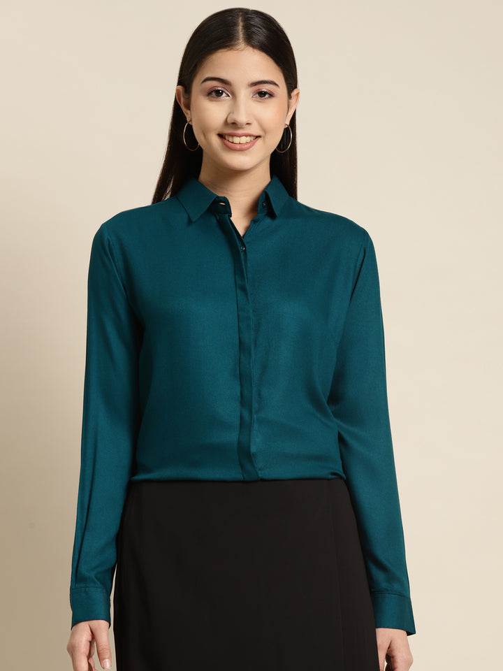 Women Turquoise Blue Solid Viscose Rayon Regular Fit Formal Shirt