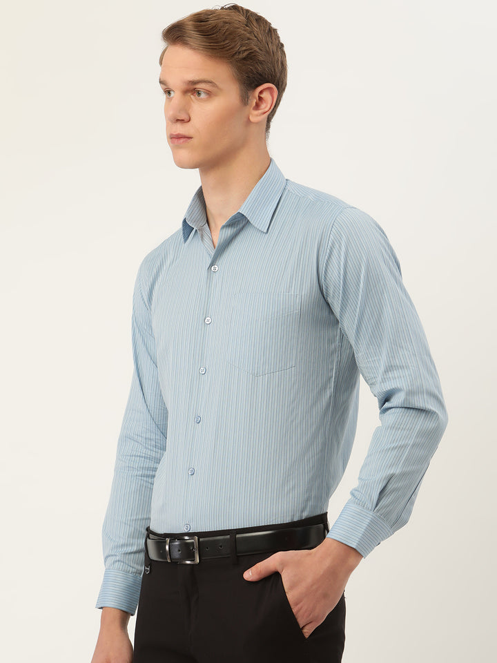 Men Blue Stripes Pure Cotton Slim Fit Formal Shirt