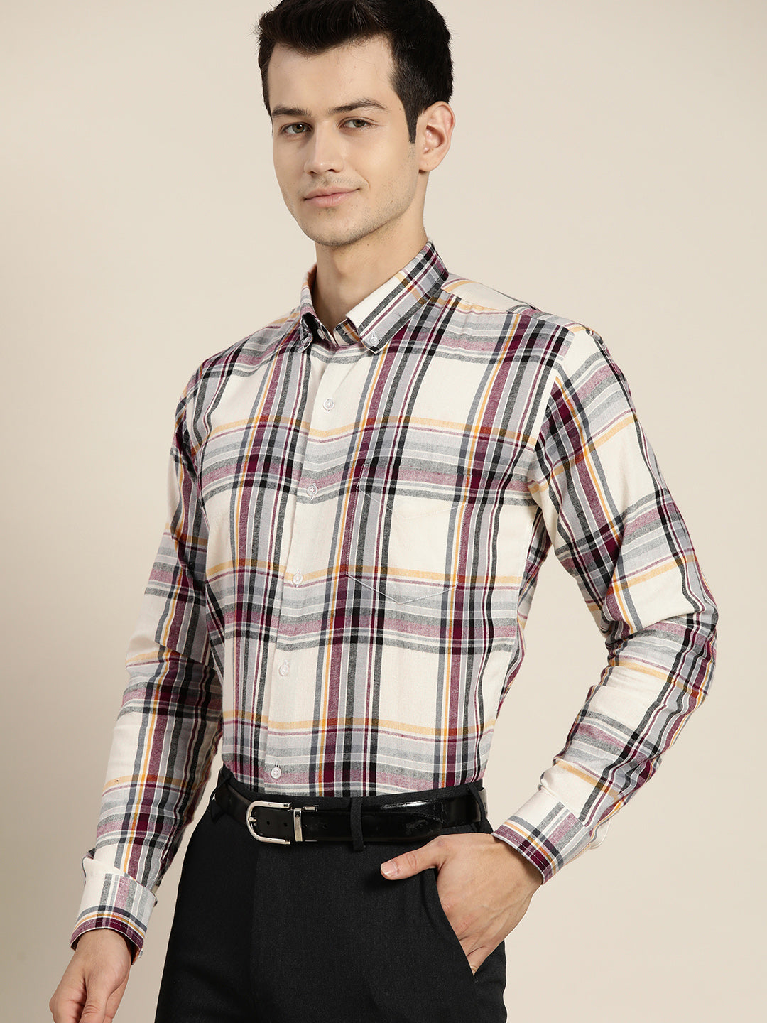 Men Beige & Black Checks Pure Cotton Slim Fit Formal Shirt