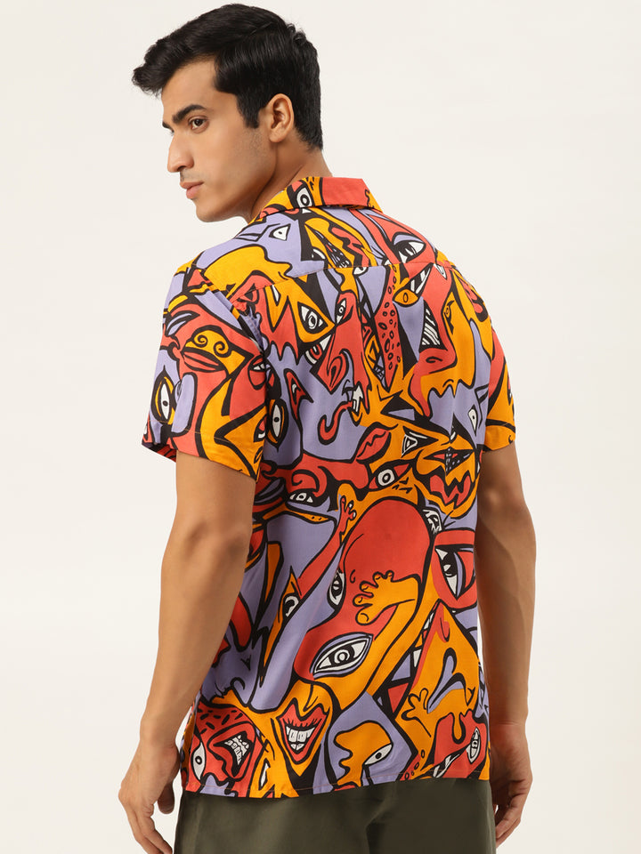 Men Yellow & Multi Printed Viscose Rayon Relaxed Fit Casual Resort Shirt