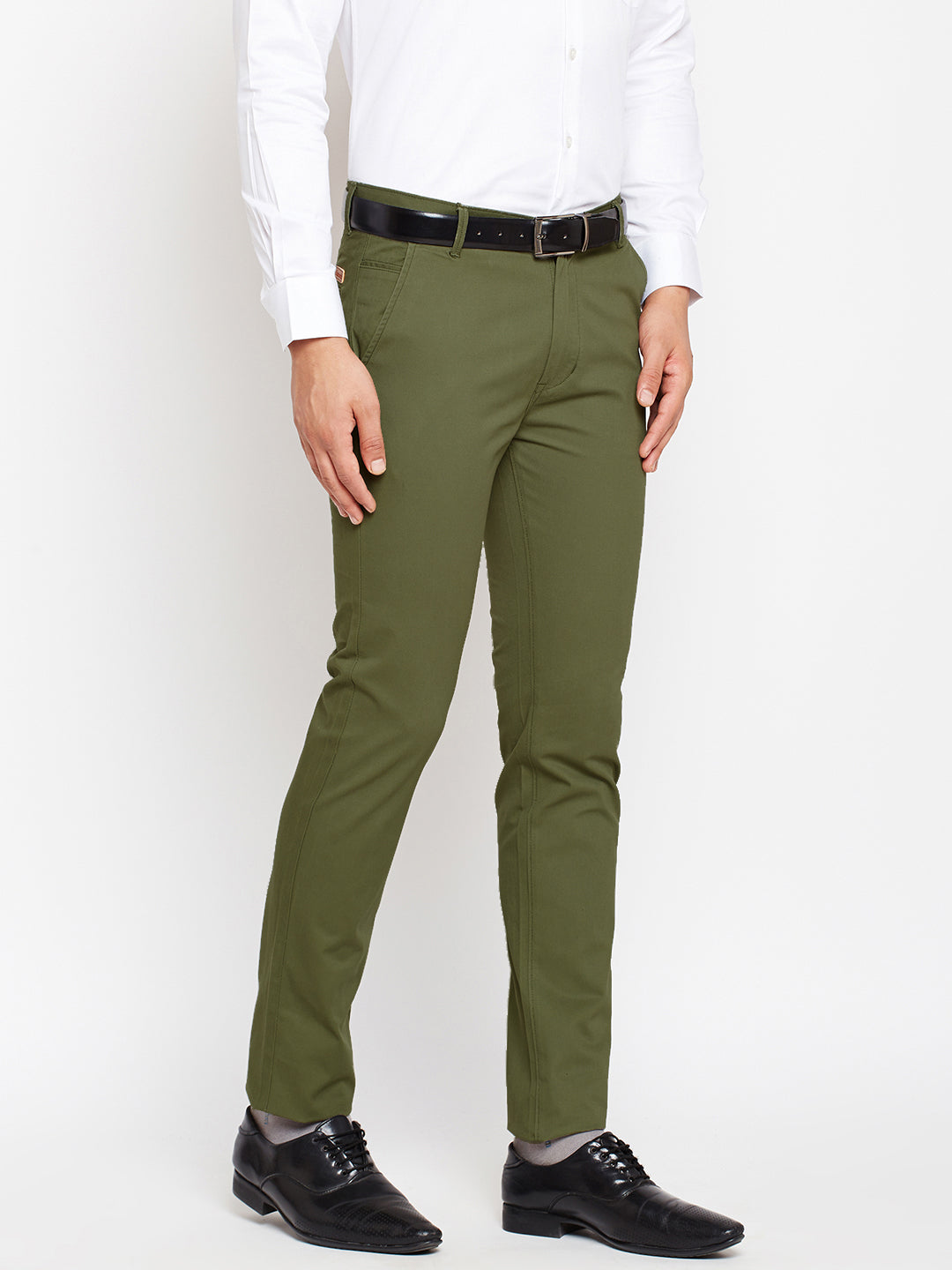 Men Green Pure Cotton Solid Slim Fit Casual Trouser