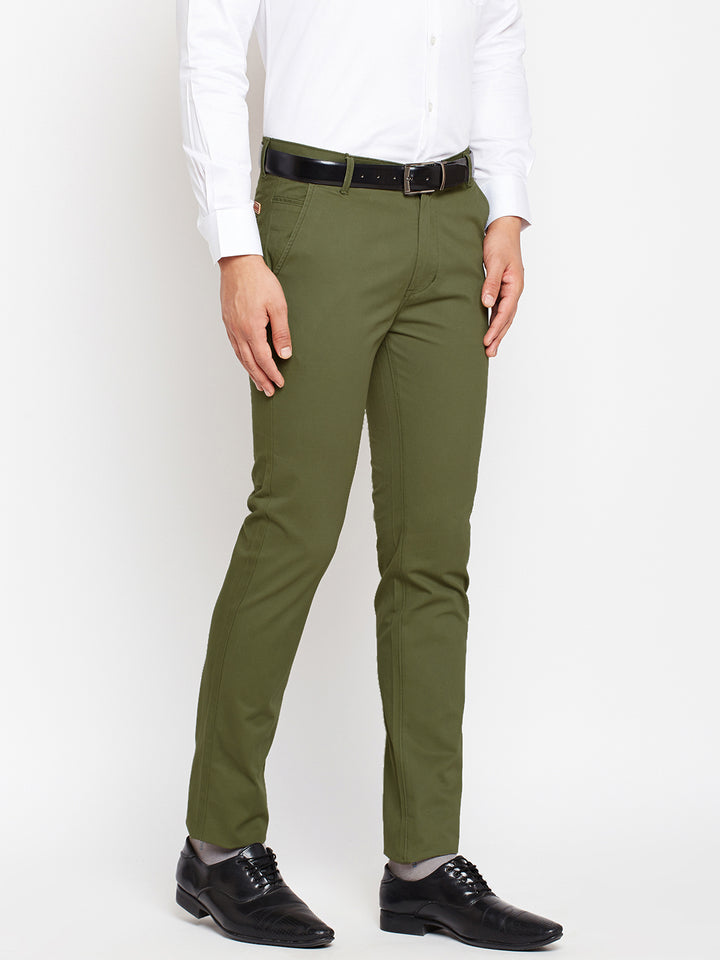 Men Green Pure Cotton Solid Slim Fit Casual Trouser