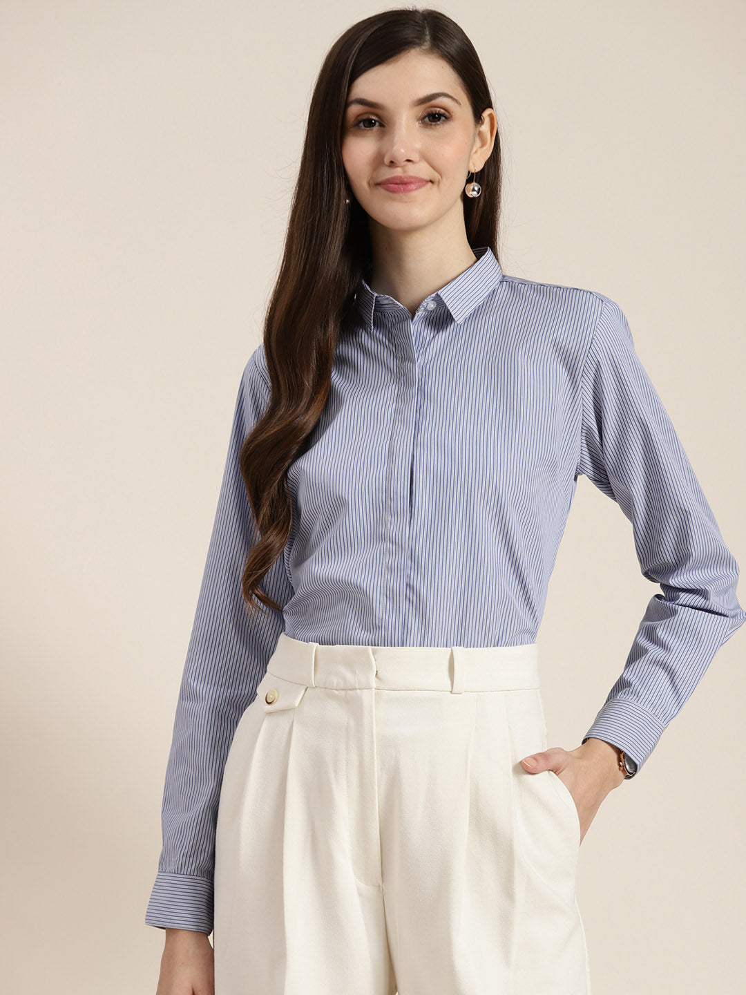 Women Blue & White Striped Pure Cotton Regular Fit Formal Shirt