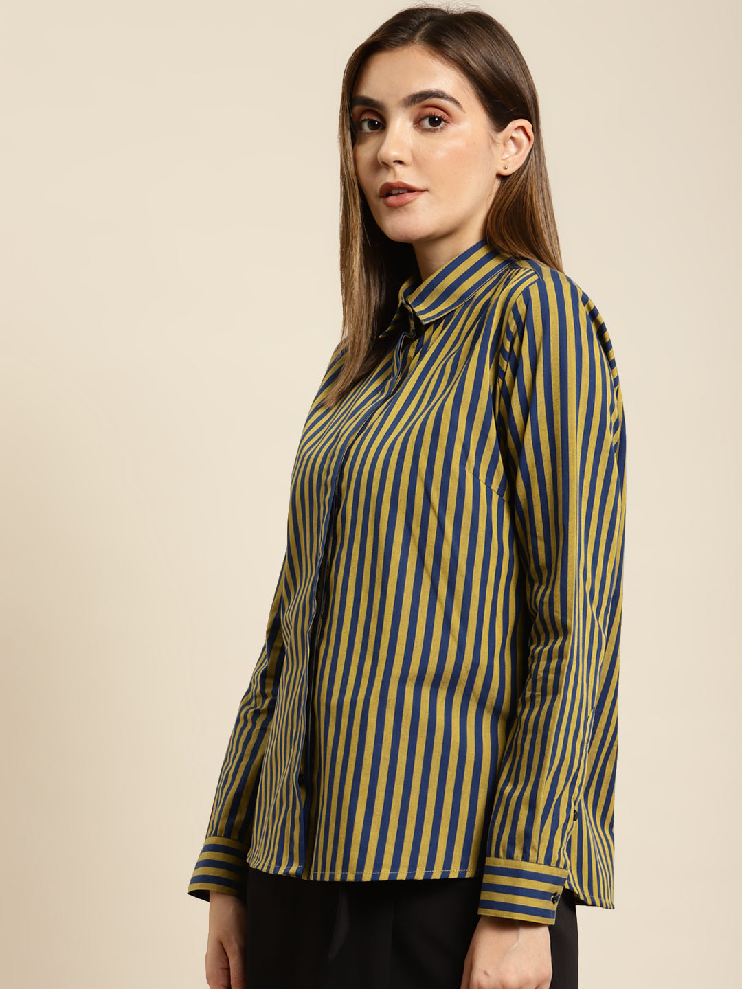 Women Navy & Yellow Striped Pure Cotton Regular Fit Formal Shirt