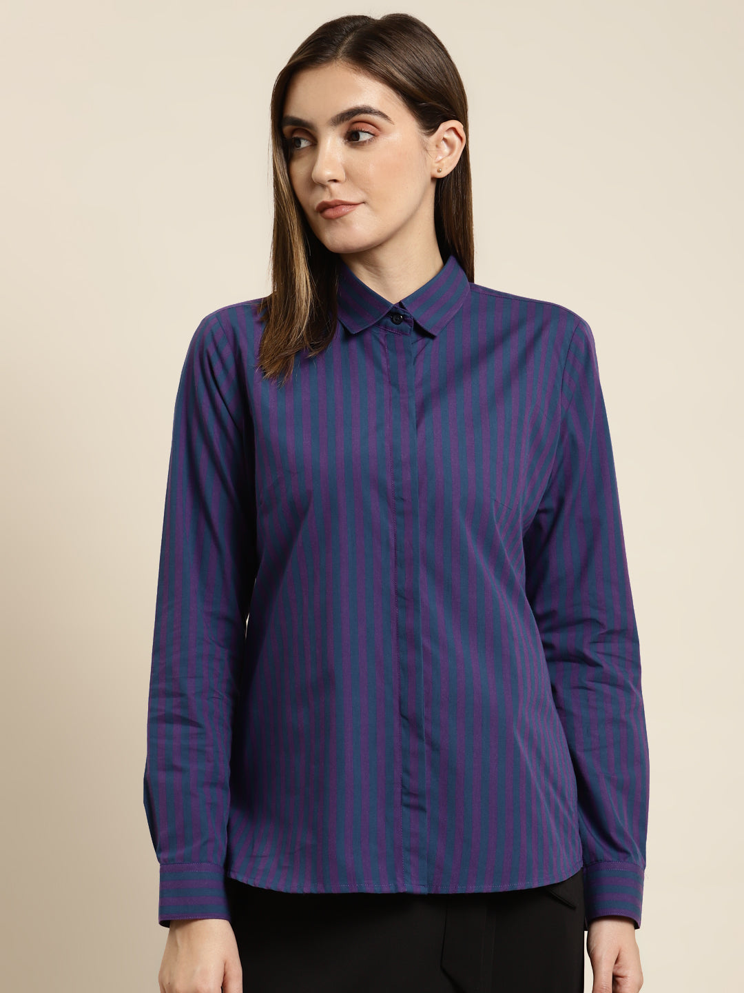 Women Navy & Purple Striped Pure Cotton Regular Fit Formal Shirt