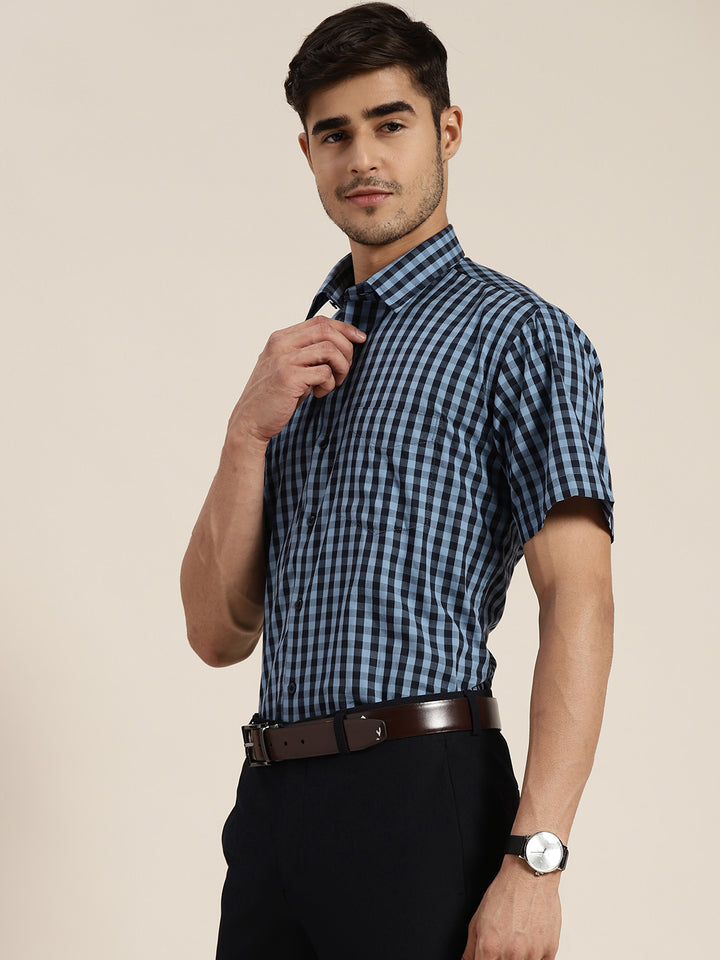 Men Navy & Blue Checked Pure Cotton Slim Fit Formal Shirt