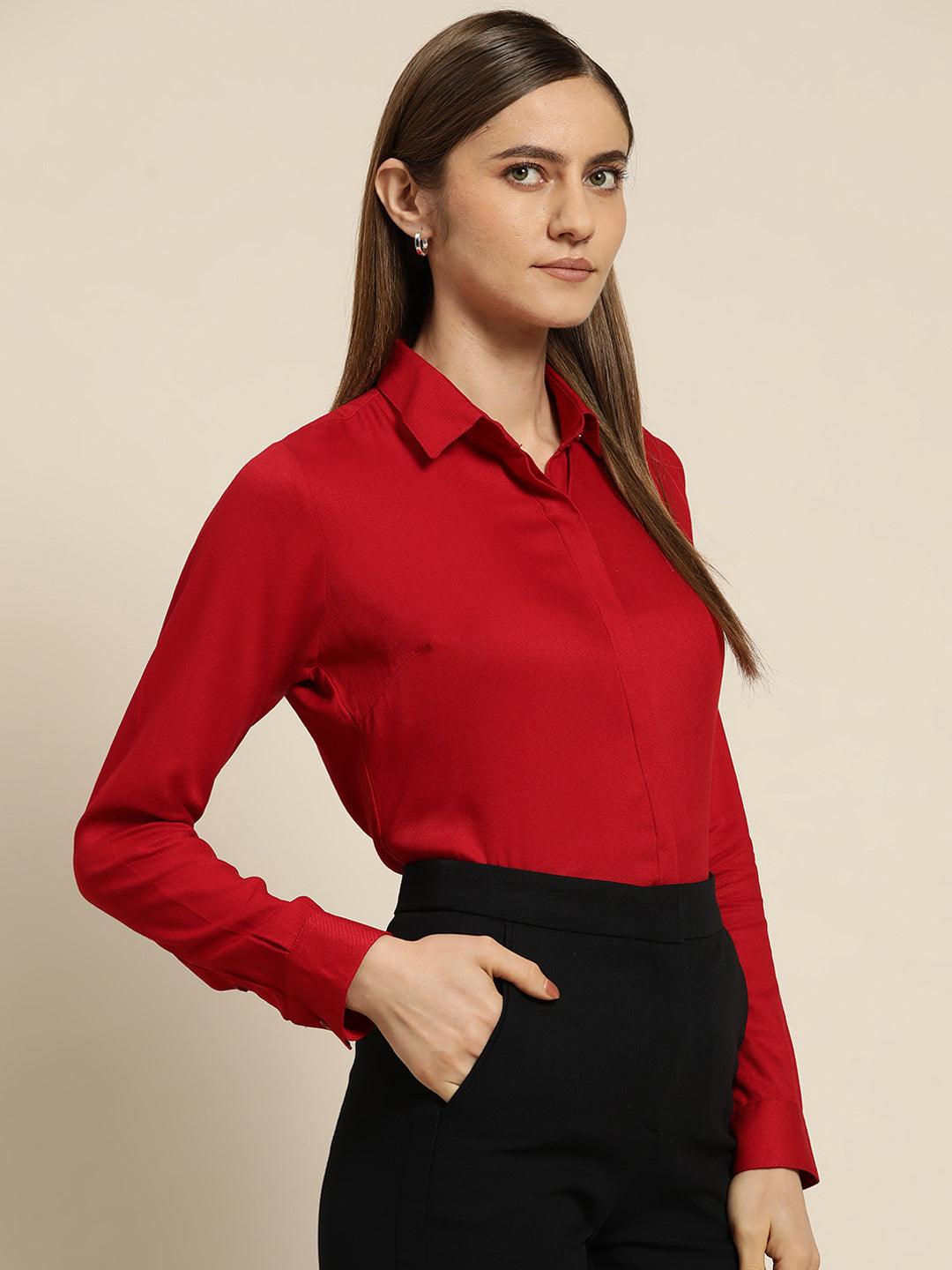 Women Red Solid Viscose Rayon Regular Fit Formal Shirt