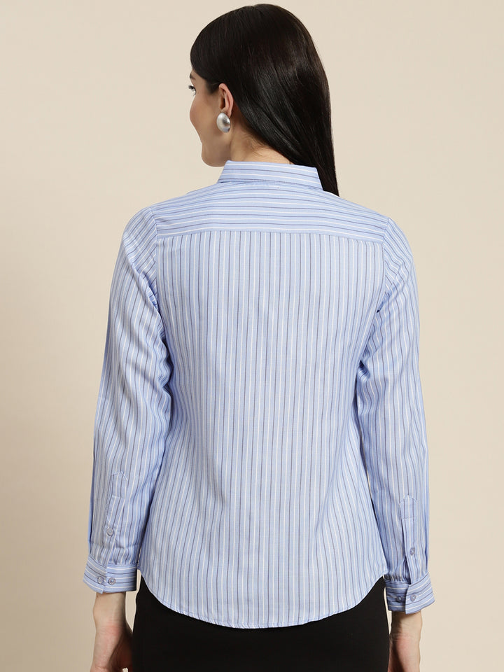 Women Blue Striped Cotton Rich Slim Fit Formal Shirt