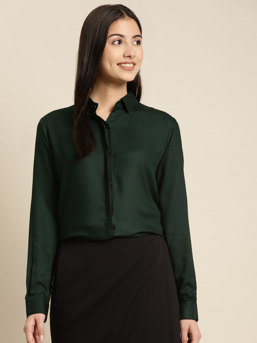 Women Bottel Green Solid Viscose Rayon Regular Fit Formal Shirt