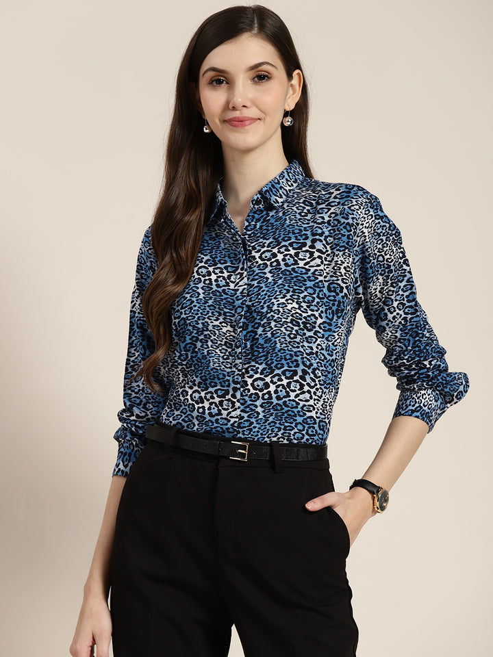 Women Blue Printed Viscose Rayon Regular Fit Formal Shirt