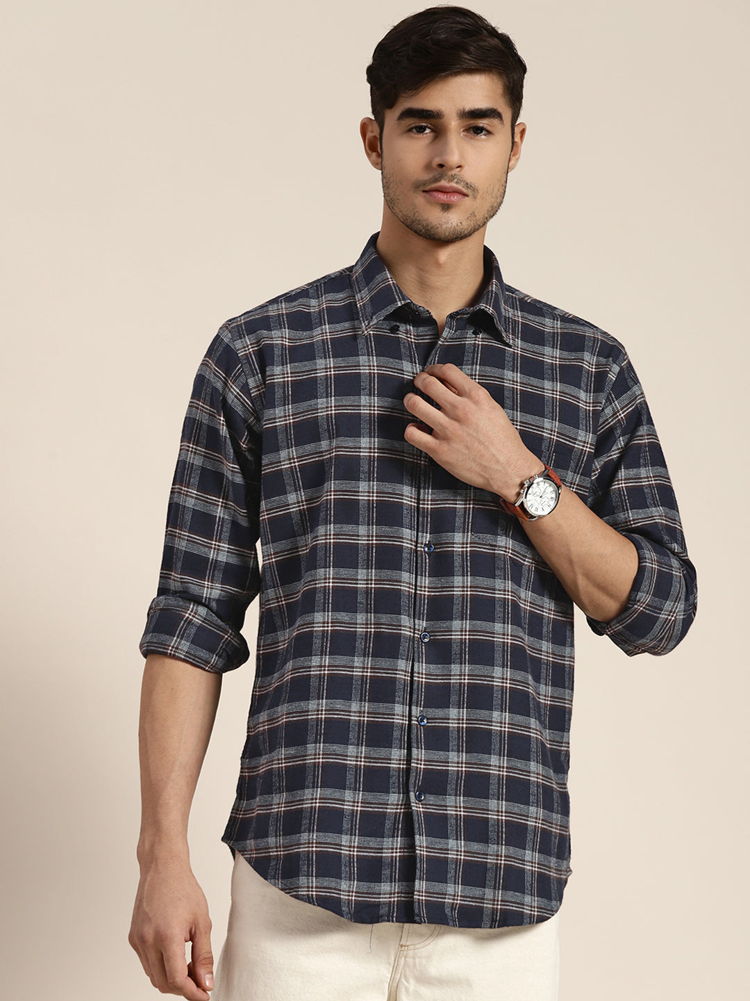 Men Navy Checked Pure Cotton Slim Fit Casual Shirt