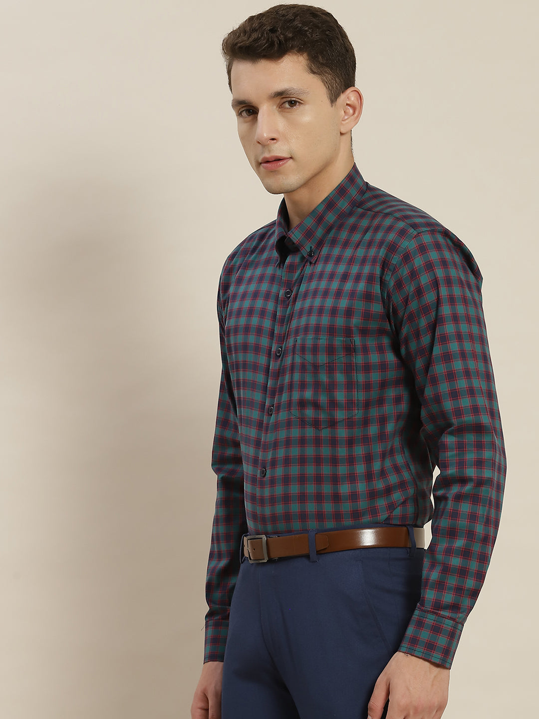 Men Navy & Green Checked Pure Cotton Slim Fit Formal Shirt