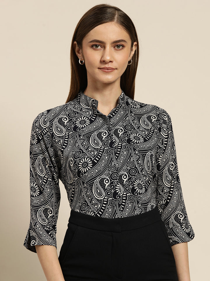 Women Navy Printed Viscose Rayon Regular Fit Formal Shirt