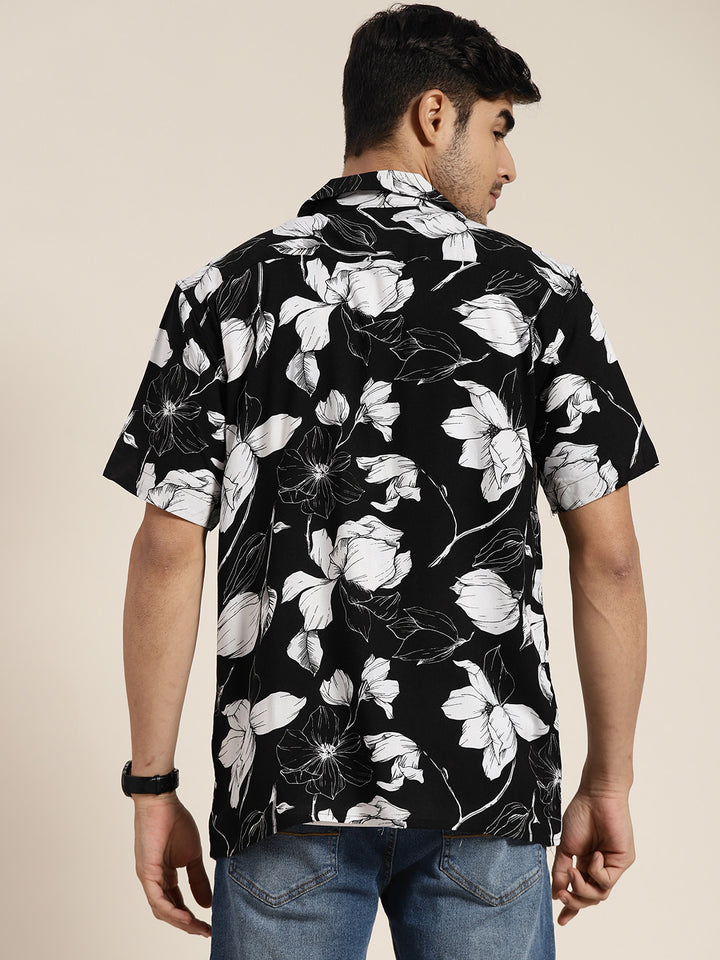 Men Black Printed Viscose Rayon Relaxed Fit Casual Resort Shirts