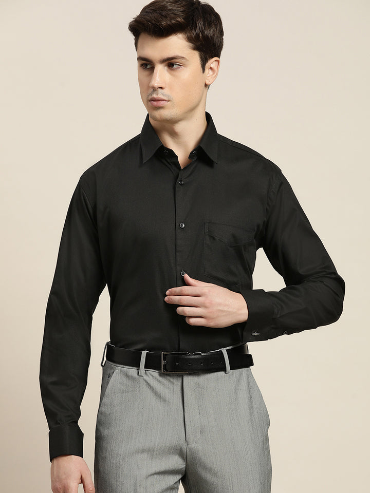 Men Black Solid Pure Cotton Regular Fit French Cuff Formal Shirt