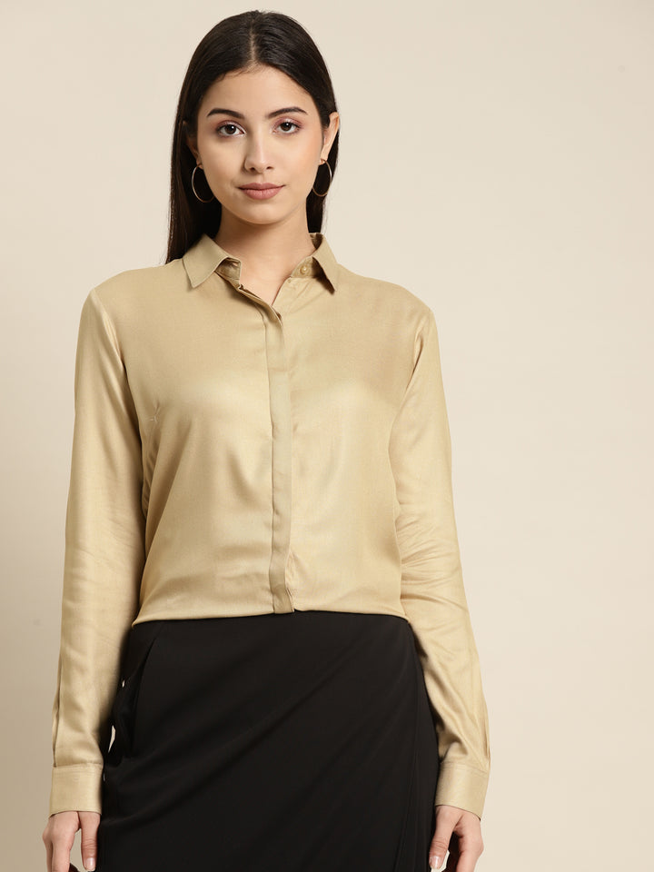 Women Beige Solid Viscose Rayon Regular Fit Formal Shirt