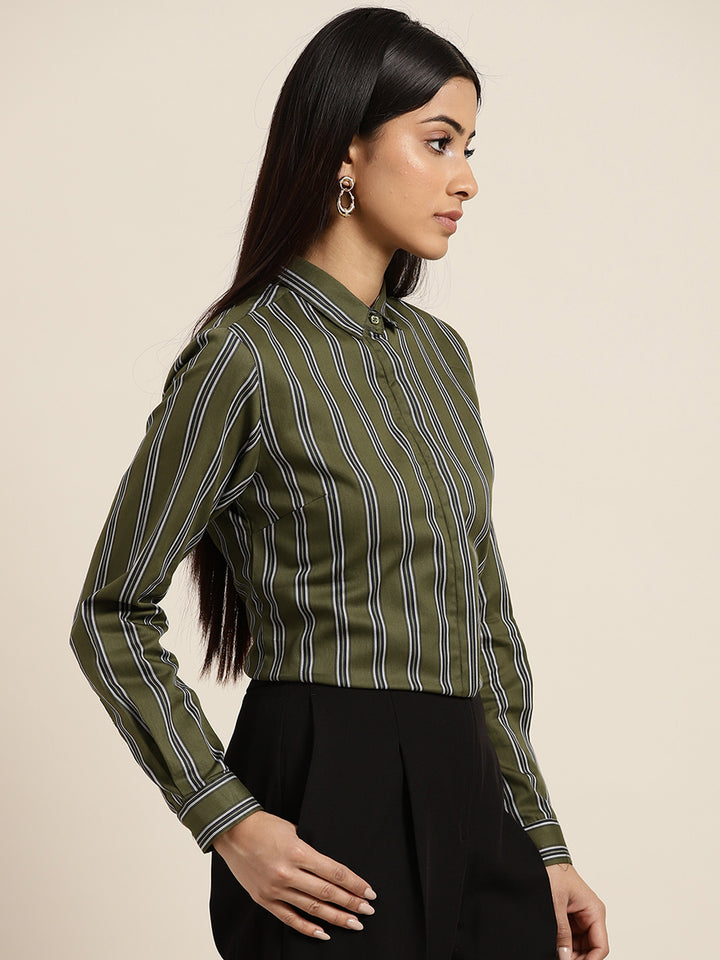 Women Olive Striped Pure Cotton Slim Fit Formal Shirt