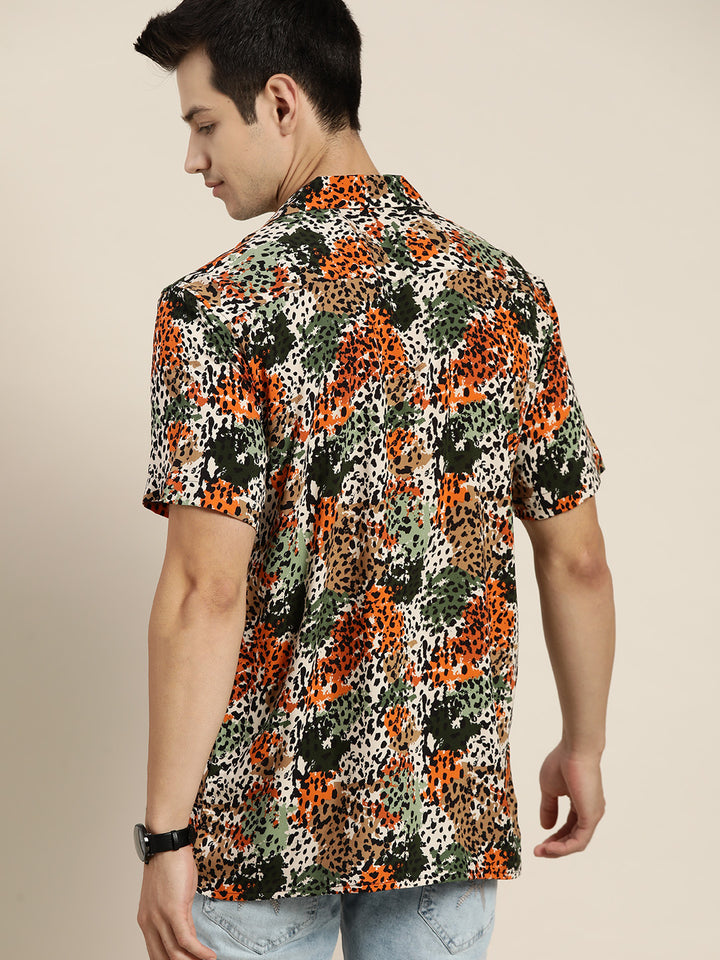 Men Mustard & Green Prints Viscose Rayon Relaxed Fit Casual Resort shirt