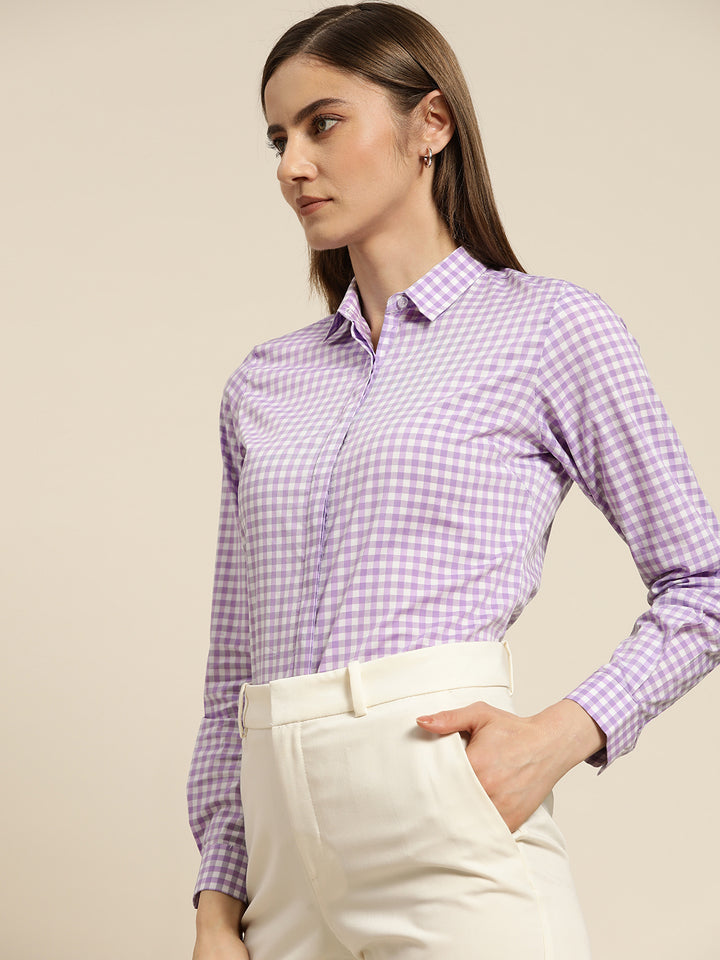 Women Lavendar & White Checked Pure Cotton Slim Fit Formal Shirt