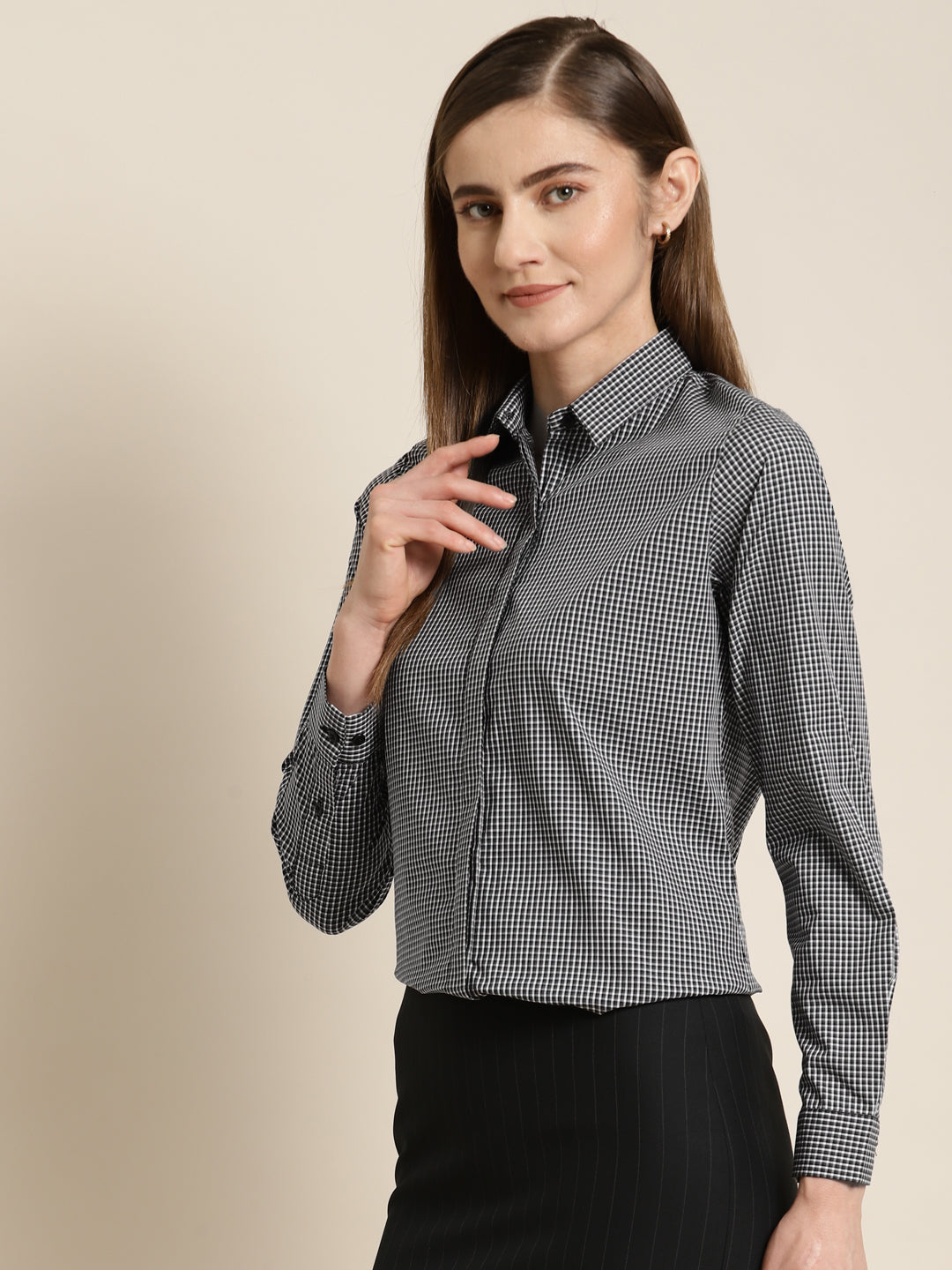 Women Grey Checked Pure Cotton Slim Fit Formal Shirt