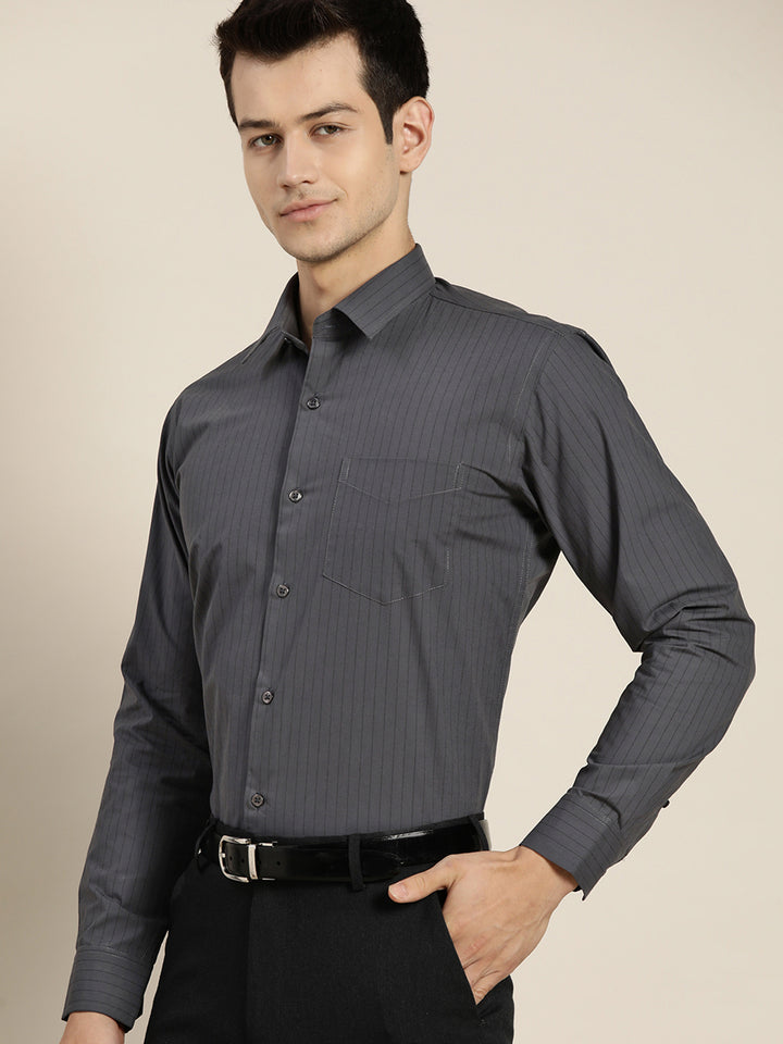 Men Dark grey Stripes Pure Cotton Slim Fit Formal Shirt