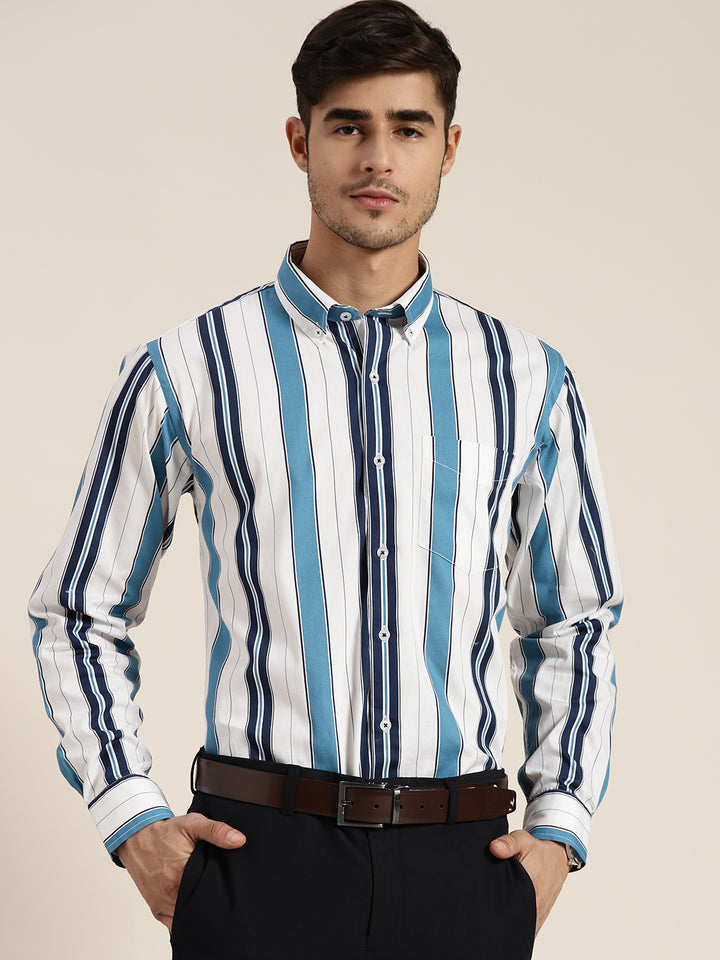 Men White & Navy Striped Pure Cotton Slim Fit Formal Shirt