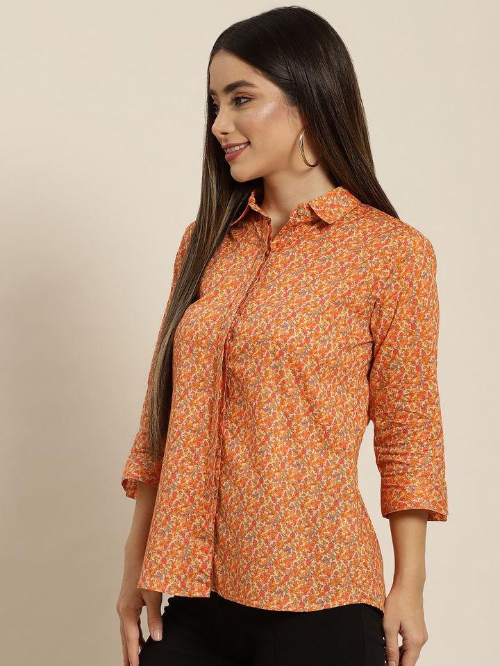 Women Beige & Orange Printed Pure Cotton Regular Fit Formal Shirt