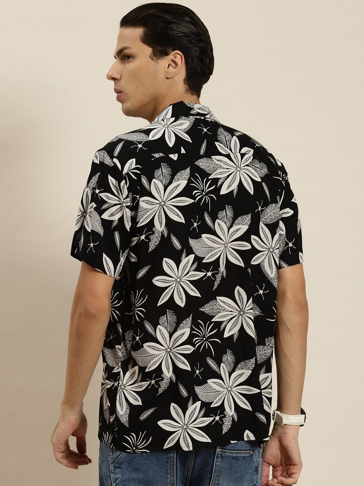 Men Black Printed Viscose Rayon Regular Fit Casual Resort Shirt